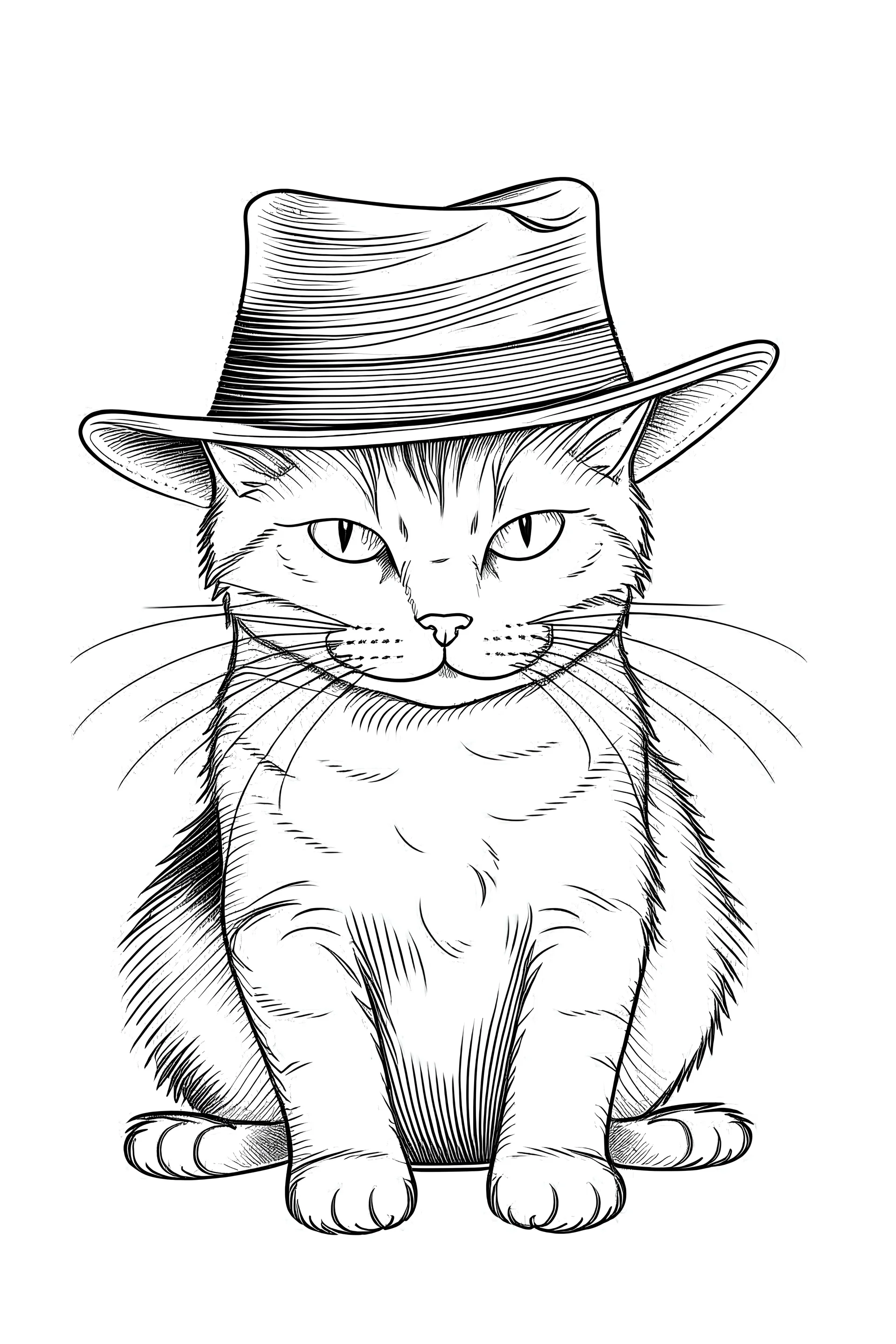 Cute cat illustration with hat, white background, sketch style, full body,