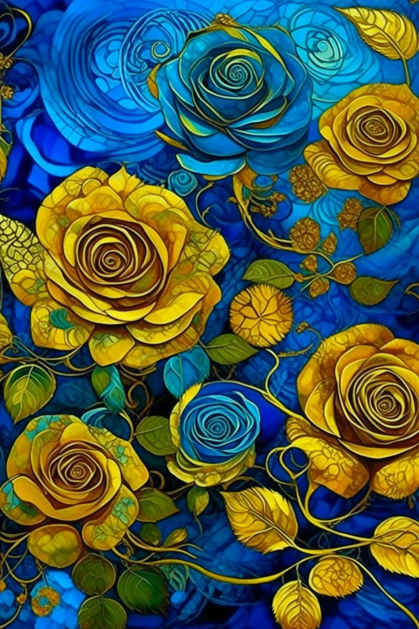 Surreal-dadaism of beautiful blue roses fauvism mondrial by Ross Draws,Andy Kehoe, Hokusai, bold colors,gold foil, zentangle art by Norman Rockwel
