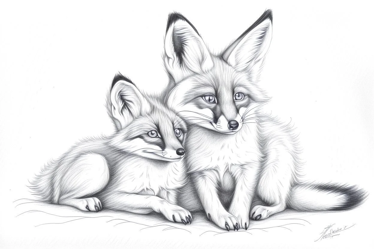 Young, playful foxes - Pencil drawing, realistic, graphite