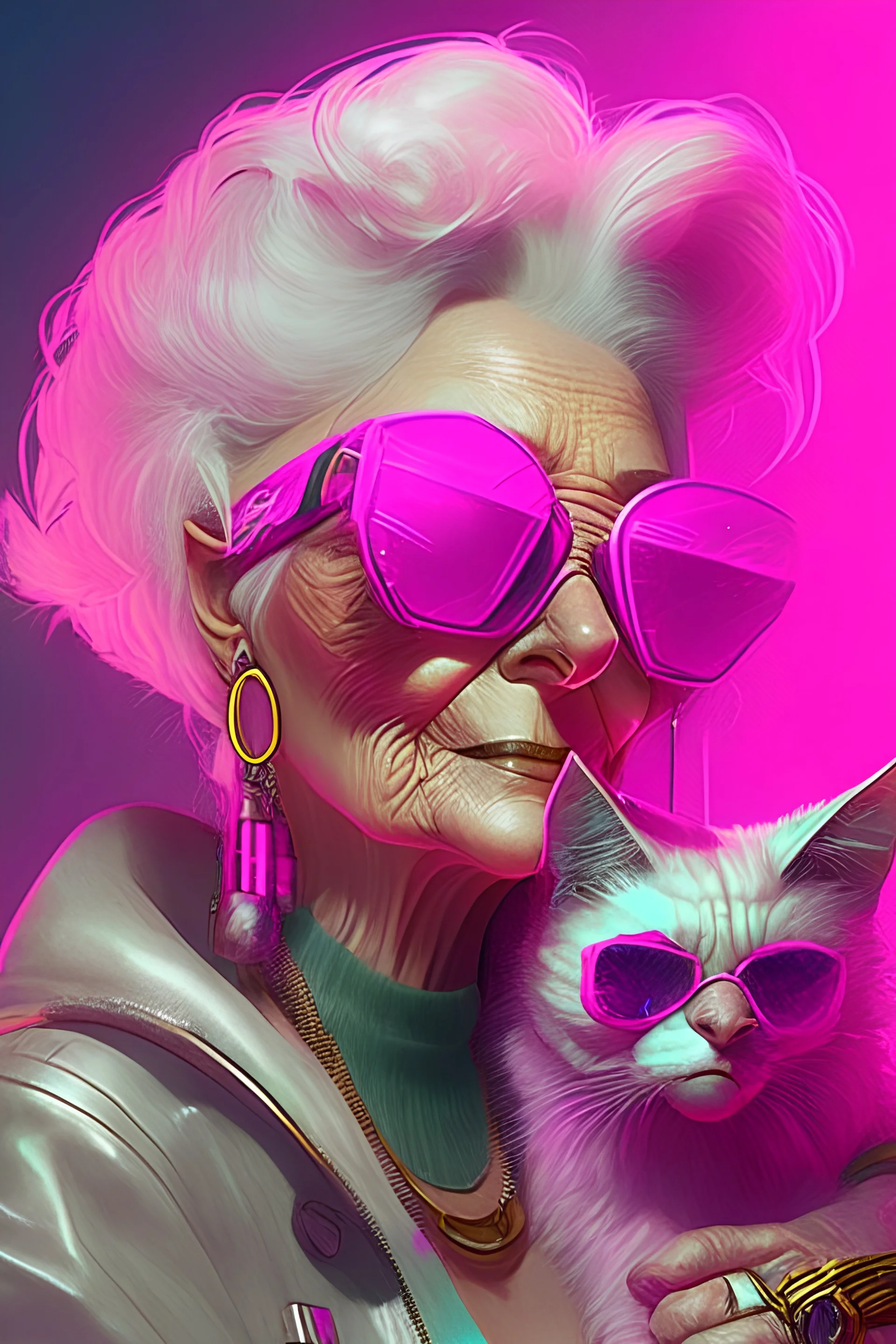 93 year old woman from Cyberpunk2077 universum with ligh pink blond hair, futuristic pink sunglasses and her cat