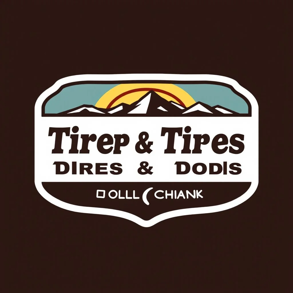 logo for a shop that installs tires and does oil changes, inside a shield shape with squared top and rounded bottom, in the style of national parks stickers