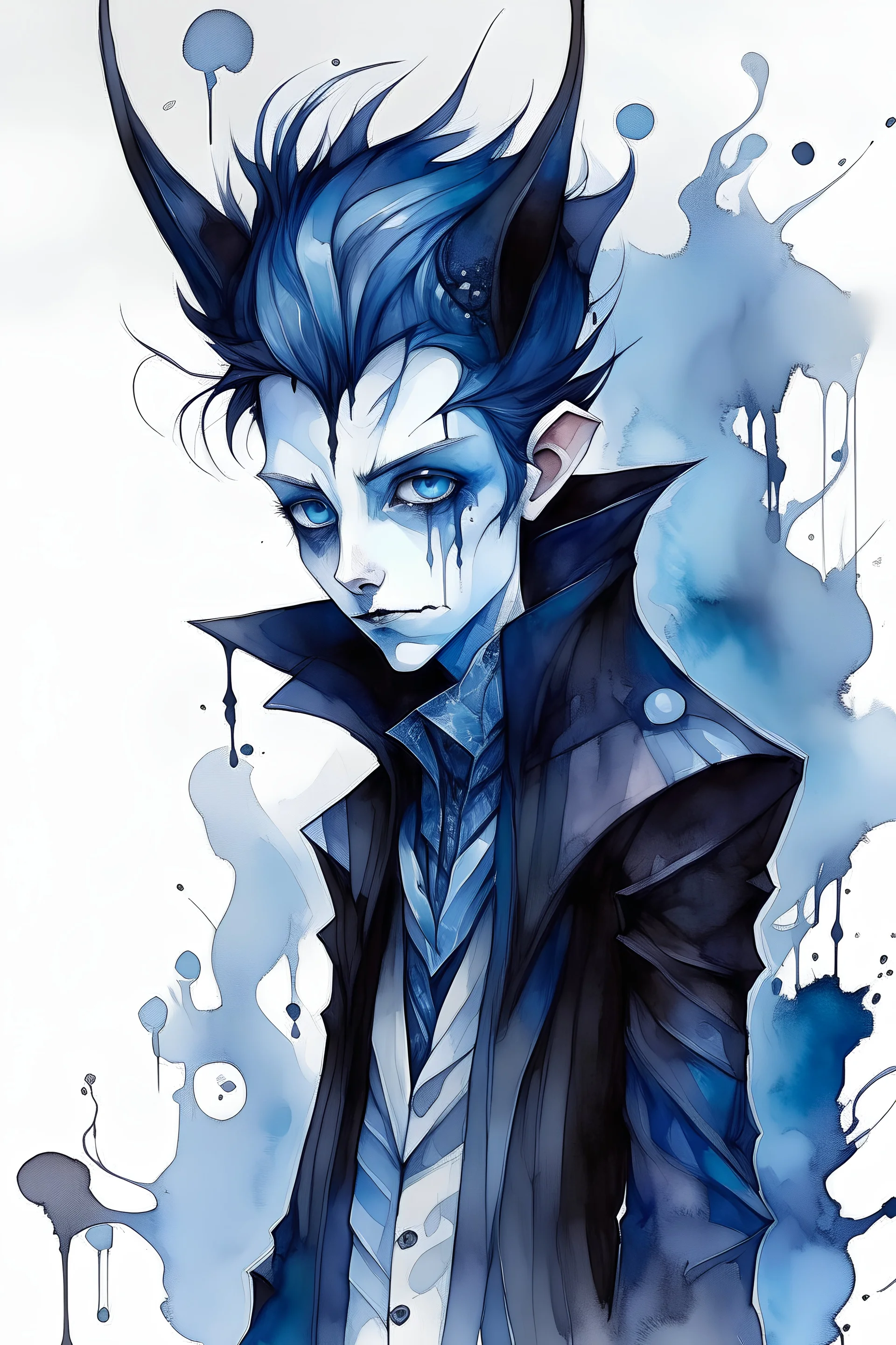 A deeply abstract ink wash and watercolor illustration of a young Goth vampire bat boy with highly detailed hair and facial features , in the abstract expressionist style, indigo and jasper, ragged and torn Victorian costumes, hard , gritty, and edgy depictions, full body, fullshot, vibrant forms, bat, ethereal, otherworldly