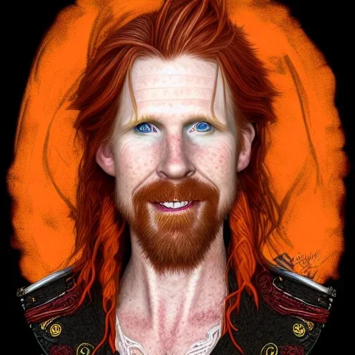 Portrait of Courtney Gains as a ruggedly handsome but joyful roguish pirate, charismatic, attractive male, masculine, perfect, precisely detailed, lightly freckled face, meticulously detailed multi-hued ginger carrot colored cherry fire red hair; Malachai of the corn; fantasy, intricate, elegant, highly detailed, digital painting, artstation, concept art, matte, sharp focus, illustration, art by artgerm and greg rutkowski and alphonse mucha