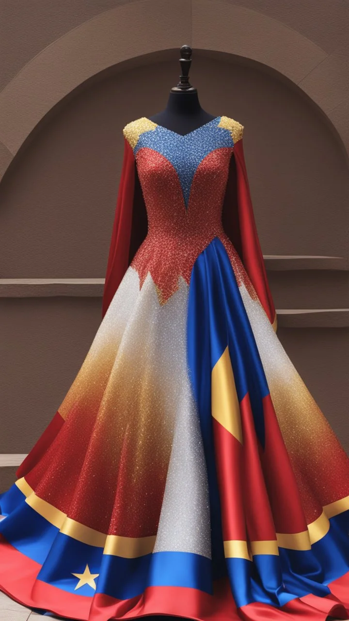 A mannequin wearing a stunning dress, dress inspired by Philippines flag, sun, star, elegant and regal silhouette, aesthetic, red, white, blue, and yellow pastel color, houte couture, ultra realistic, beautiful, shimmering, glittery, glowing, magical, ethereal, sparkly, enchanted, crystal, full body, full body frame, hyperrealistic photography, artistic style, beautiful aesthetic, detailed, hd