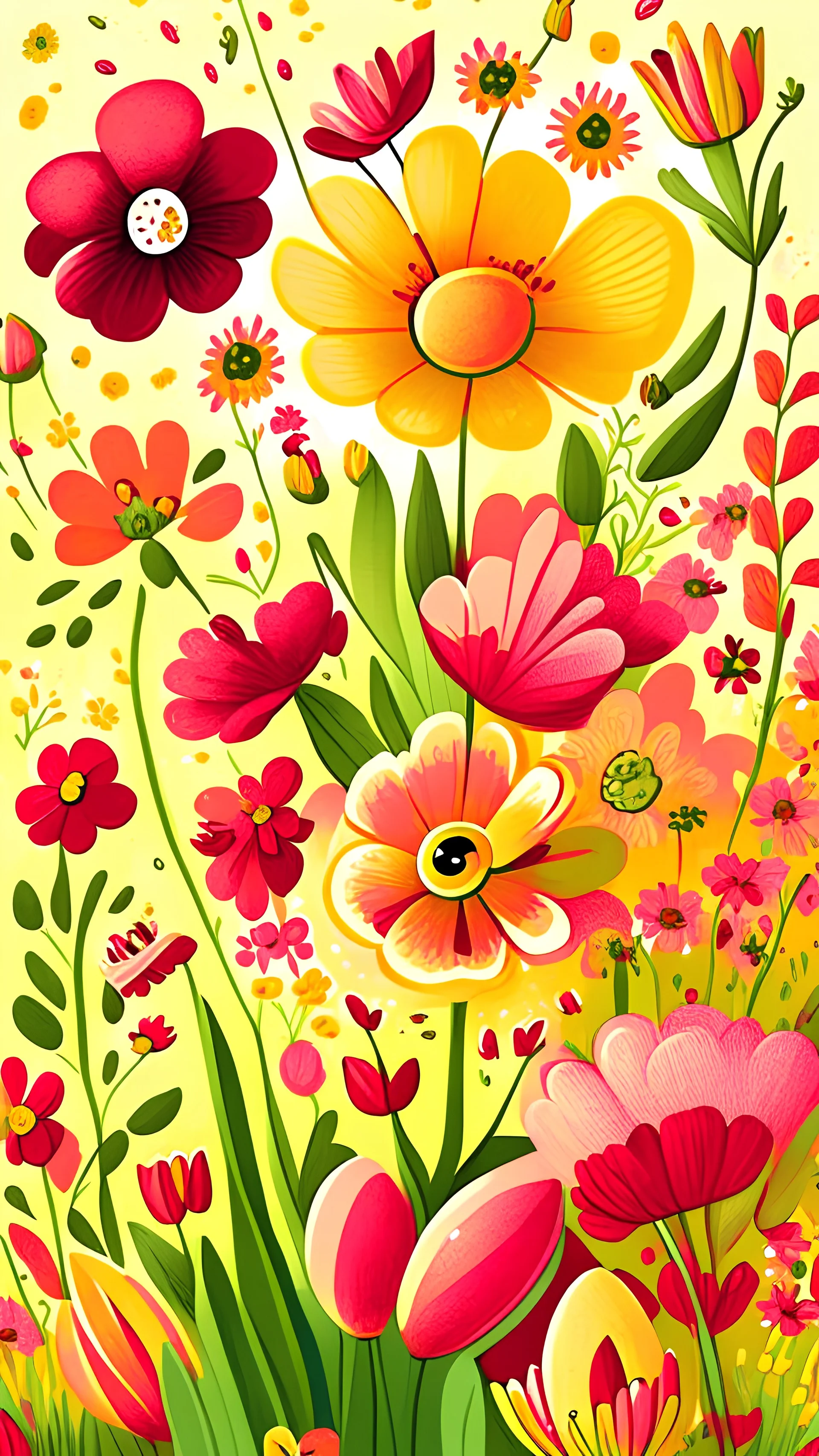 Spring flowers, art, drawing, very illustrative, children book style, detailed, vibrant colors.