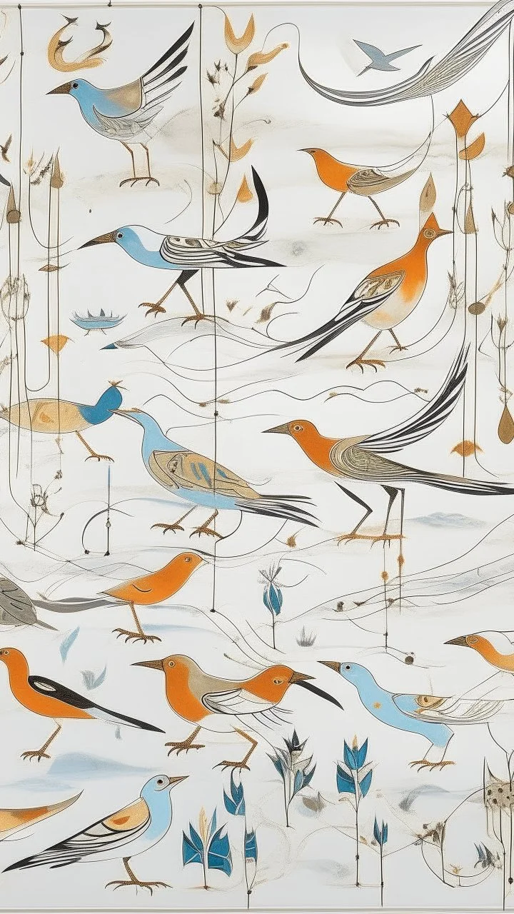 A white sky with singing birds designed in ancient Egyptian hieroglyphics painted by Lucan van Leyden