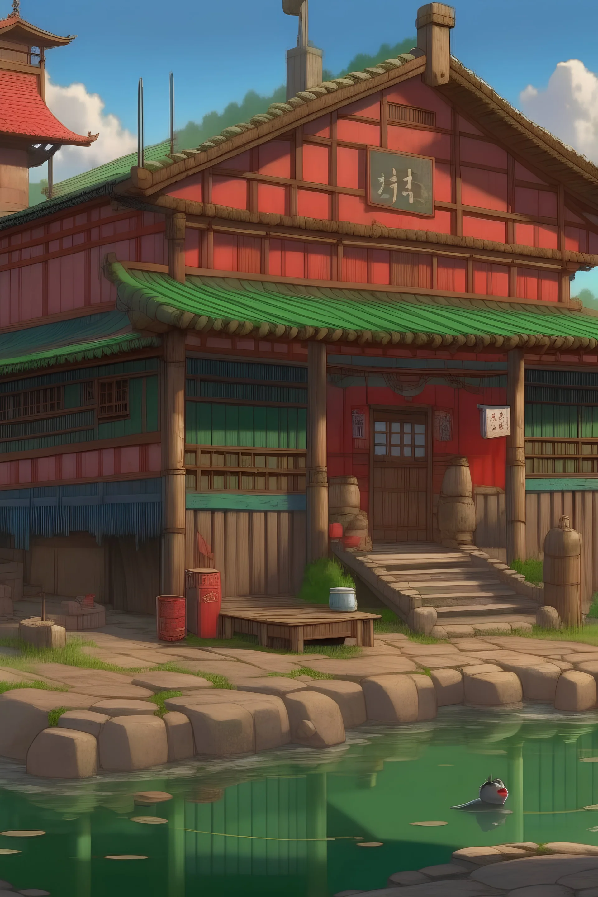 a realistic bathhouse from Spirited Away, set in rural Australia exterior