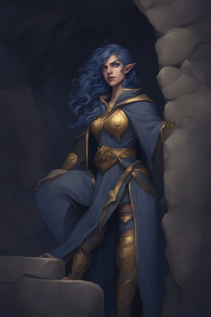 Dnd character in a dark cave. Leaning against a wall. A female Elf twilight cleric with super curly, super short, dark blue hair and golden eyes, wearing gray and dark blue robes. With tattoos. Etheral, muscular, strong.