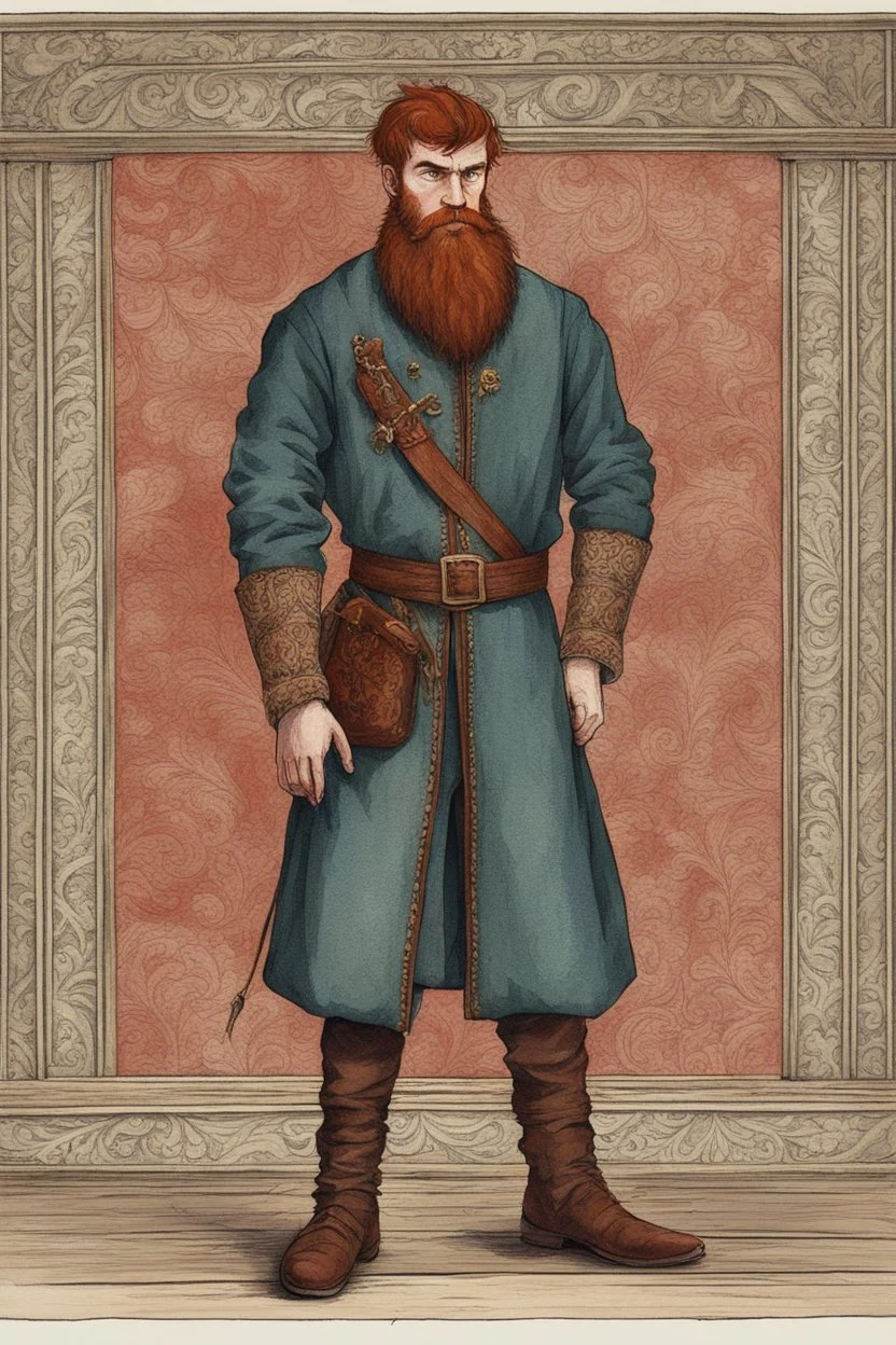 man, medieval, fighter, russian, croocked nose, czar, rich, simple clothes, short messy hair, thick beard, oligarch, brocade coat with fur, brocade clothes, pencil drawing,red hair, muscles, background frame, 20 years old, medival leather bootsspitz, gewand aus seide