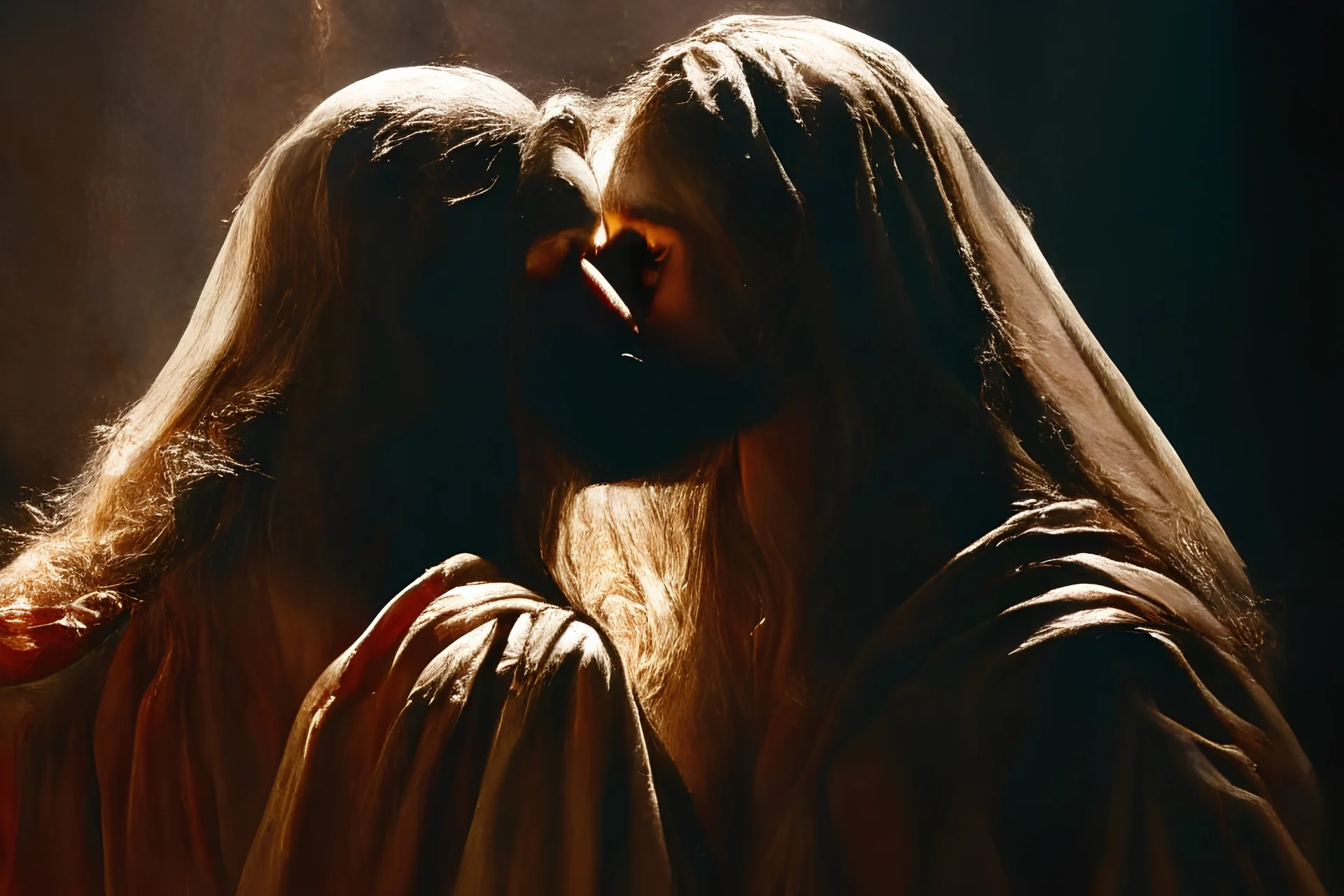 virgin girls and Jesus Christ flirtatiously kissing picture, rich in detail. They were loosely dressed. They are very much in love with Jesus On the edge of the abyss, where the eternal abyss is and everything is embraced around them by beings of light. There are also ape-men and big black shadows with hoods and stoles. 4K Blurred image of Jesus with a monkey head