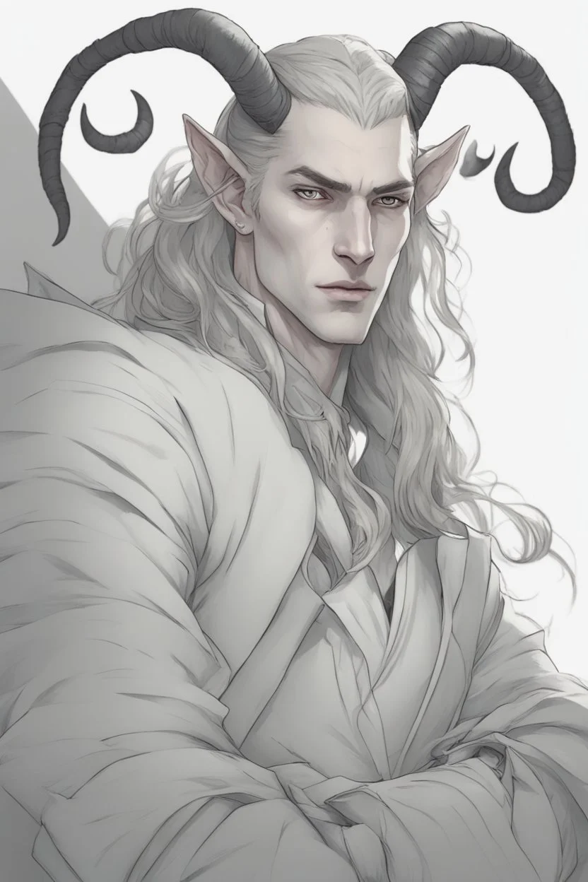 A dnd character portrait, a tiefling man with long hair and two black horns, white eyes and pale skin. Handsome. Young.