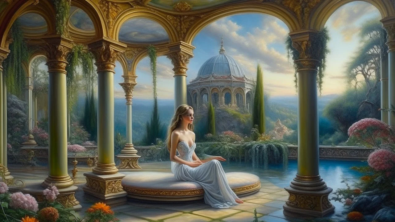 oil painting, relaxation, luxury, dream world, calm beauty, symmetry, fantasy world, magic, beautiful composition, exquisite detail