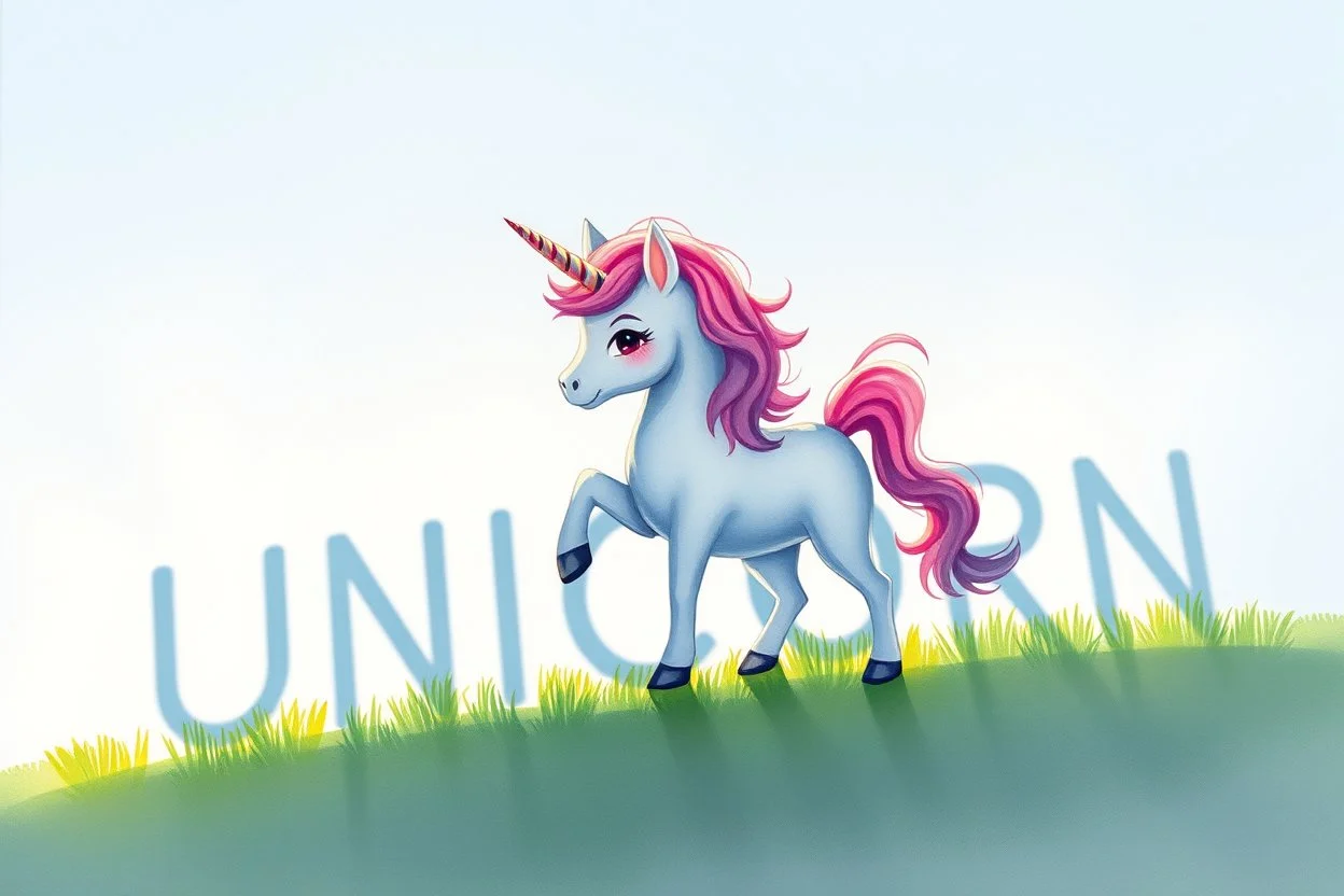 árnyékot vető felirat "UNICORN", cirmogó pici unikornis, puszilva, élethű akvarell napfényben