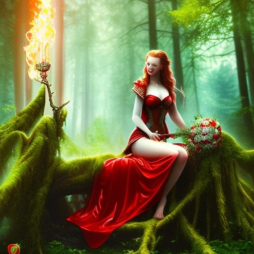 romantic fantasy spray painting, portrait of cute smiling green eyed red head robed bride ,sitting on a branch, loosing torch in magical forest by waterfall