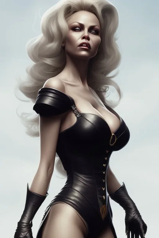 Pamela Anderson as evil queen in black leather, leather, busty, cleavage, angry, stern look. character design by cory loftis, fenghua zhong, ryohei hase, ismail inceoglu and ruan jia. unreal engine 5, artistic lighting, highly detailed, photorealistic, fantasy