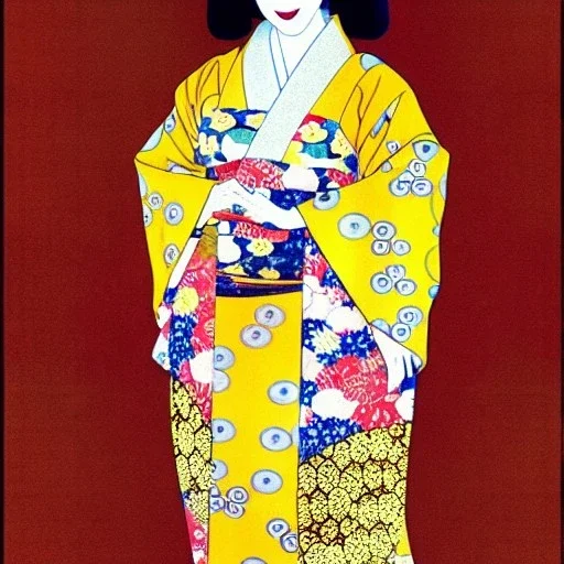 Retrato de cuerpo entero una Geisha con kimono con el estilo de Gustav Klimt