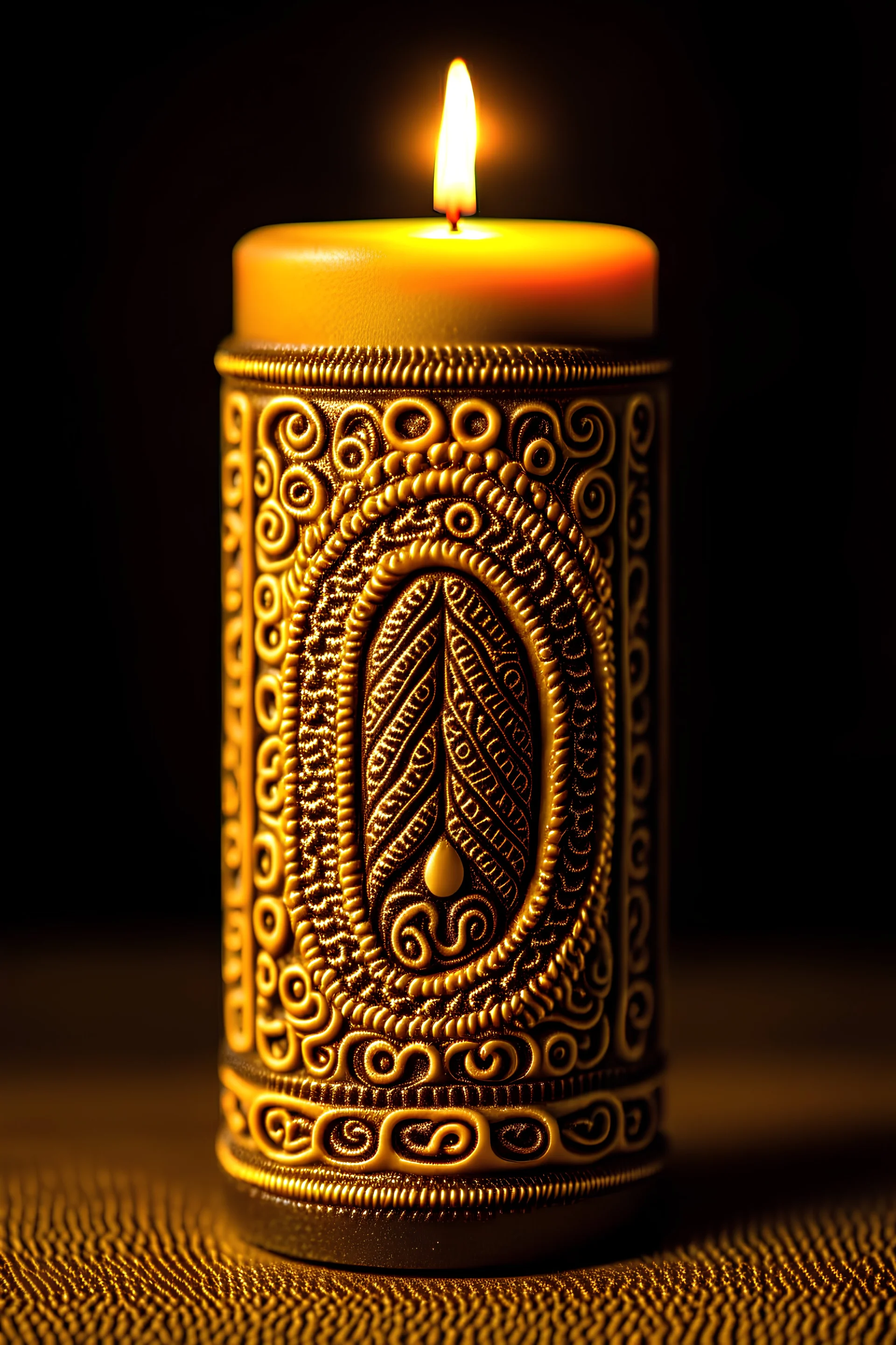candle in shamanic style. colors: brown, beige, orange.