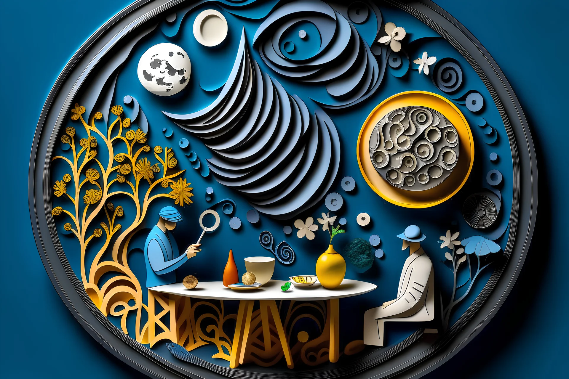 back ground moon, paper cut out art, cross-section, a planet in a blue clay man who eating a meal on the table