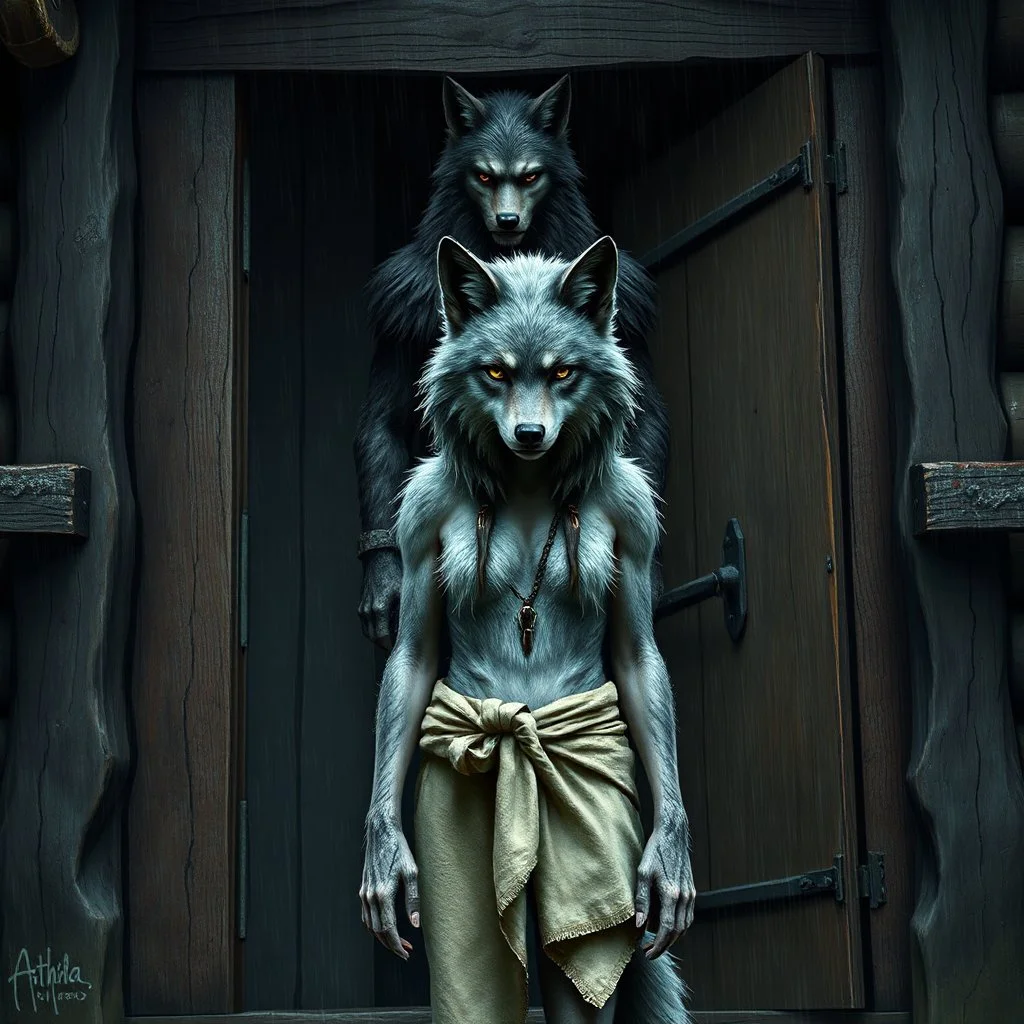 fantasy digital art of young female anthro wolf in gray hairy wolf body and wears just a short canvas rag around her waist , sadly face stands at the rain front the door, behind her an tall anthro dark hairy wolf man standing behind in rustic halb open door in an massive wooden house, deep colors, rainy day, detailed, anthropomorphic creatures, fantasy, sci-fi mood