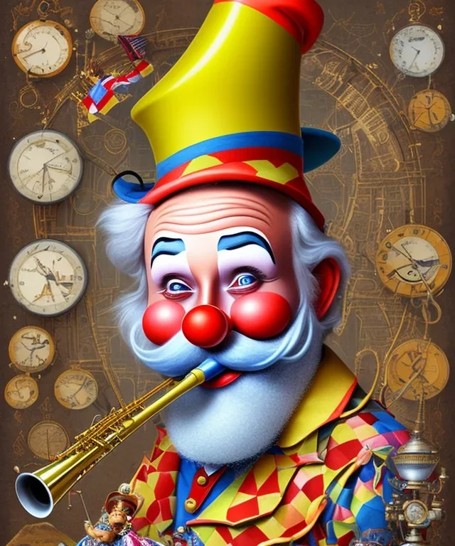 happy and funny old friendly clown with round head and trimmed beard playing jazz with a steampunk theme, trumpet on mouth, paintbrush and aisle, carnival, dreamy