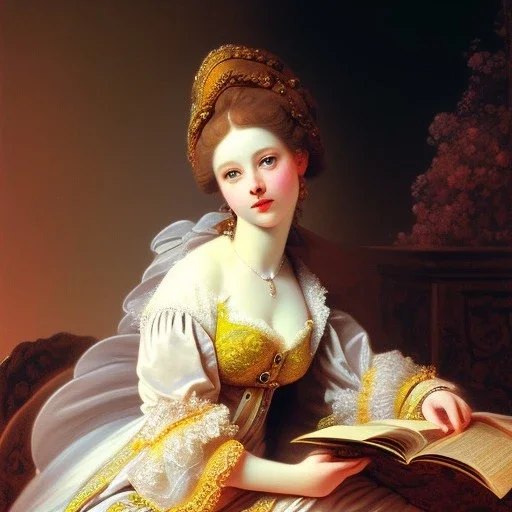 :Portrait of young female:: : Jean-Honore Fragonard The Reader Postcard :: : lithograph, ink drawing :: : trending on artstation, insane details ::