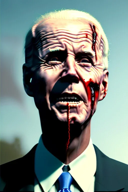 realistic image, joe biden zombie, arm cut and bleeding, amputated leg, night, walking with a limp, waist up view, dark ambient, highly detailed, sky background, concept art, unreal engine 5, god rays, ray tracing, RTX, lumen lighting, ultra detail, volumetric lighting, 3d, finely drawn, high definition, high resolution.