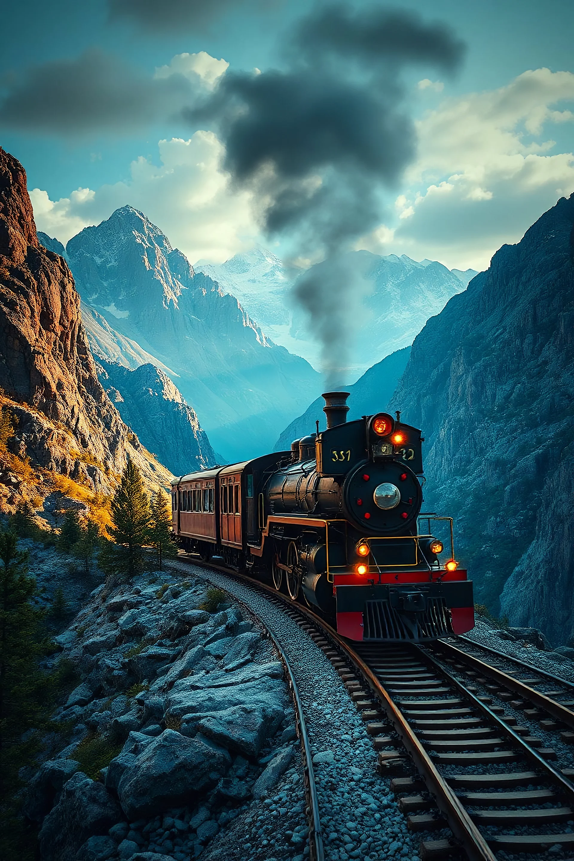 steampunk style, atmospheric beautiful train, rides in stunning mountain landscape, mountain gorge, bright color palette, high detail, perfect composition, cinematic shot, intricate details, hyperdetail