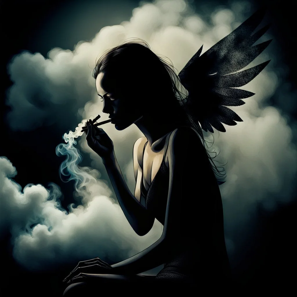 woman sitting forward Her face upward and blows cigarette smoke from their mouth upward. a figure with wings emerging from its back. behind the clouds of smoke look death. dark and mysterious