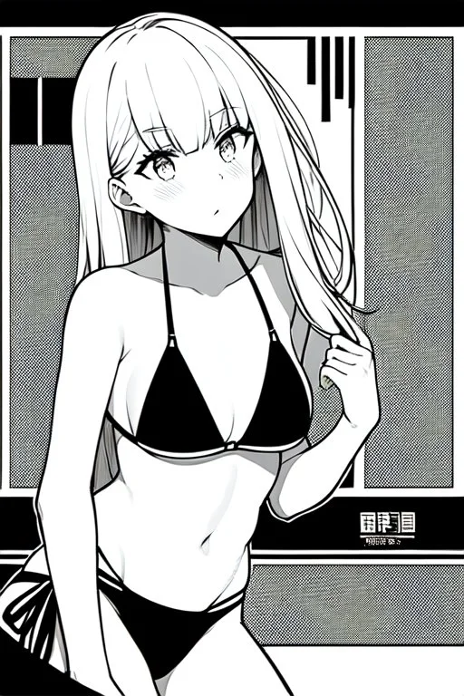 manga, greyscale, line arts, slim girl in bikini