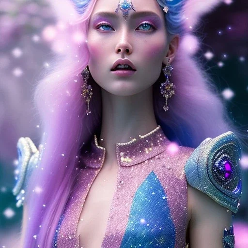 one big crystal glitter pink blue subtle galactic fairy in a galactic ambiance,, long hair down to the ground,transparent petals,blue eyes,delicate colors in the foreground, full of details, smooth，soft pink violet light atmosphere, light effect，vaporwave colorful, concept art, smooth, extremely sharp detail, finely tuned detail,8K ultra high definition, 8 k, ultra sharp focus