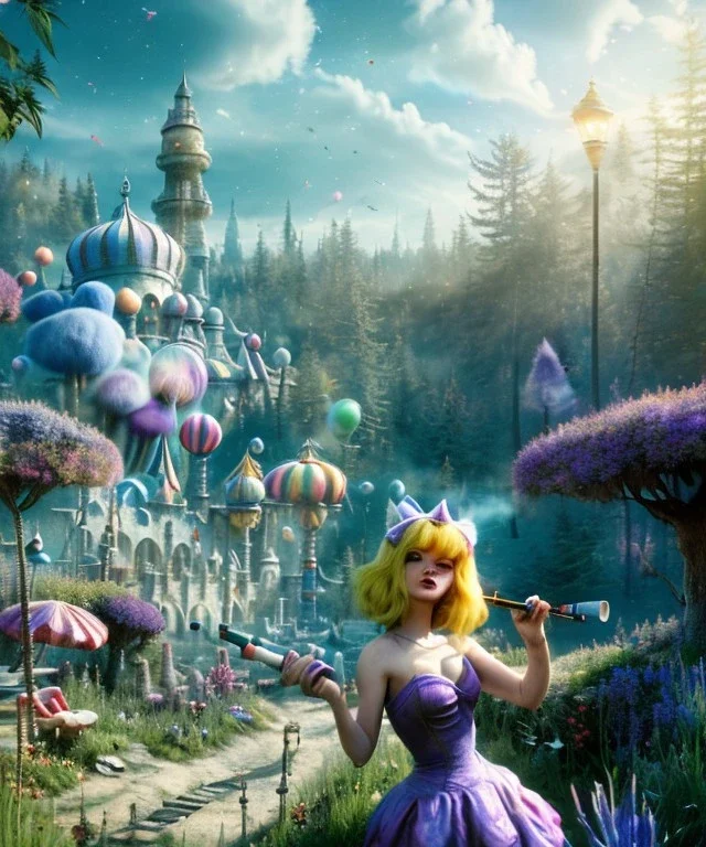 Ultra realistic wonderland photo, happy blonde woman smoking a shisha, blue dress, big purple-cat friend, circus dress style, old school tattoo, smoke, marijuana garden, glow eyes, perfect iris, soft color, highly detailed, unreal engine 5, cinematic, ultra detail, volumetric lighting, high definition.