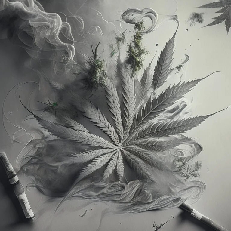 Sketch a composition where swirling smoke patterns fill the canvas, with asymmetrical clusters of crushed weed leaves dispersed throughout, creating a balanced yet dynamic arrangement.