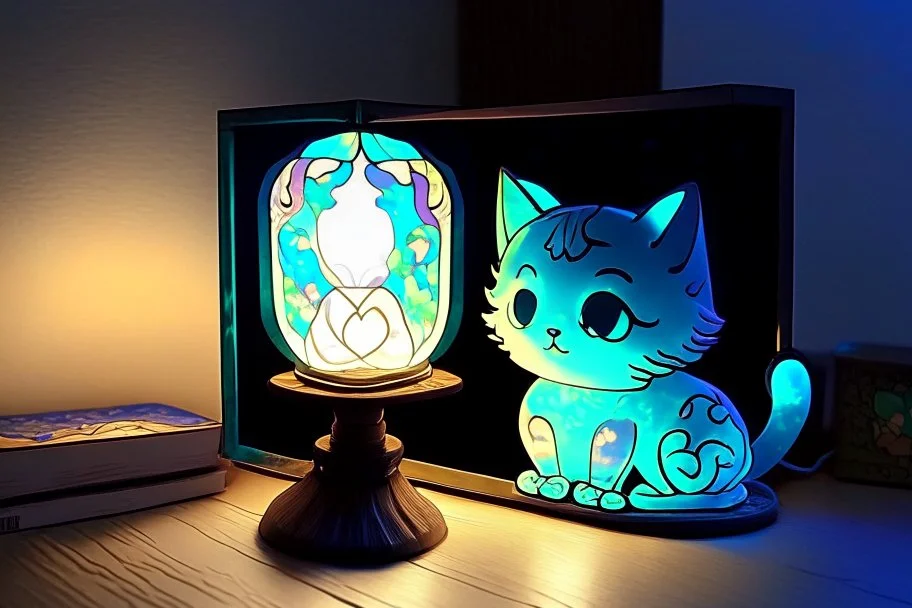 a cute chibi cat watching fappily a bioluminescent stained glass tyffany lamp on a wooden nightstand