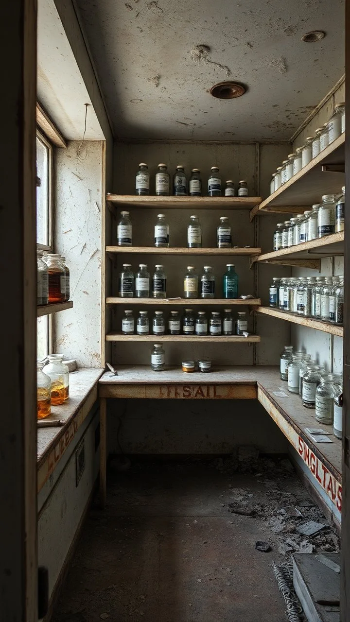 An old abandoned pharmacy in a dusty shelf’s and corrosion and dirt