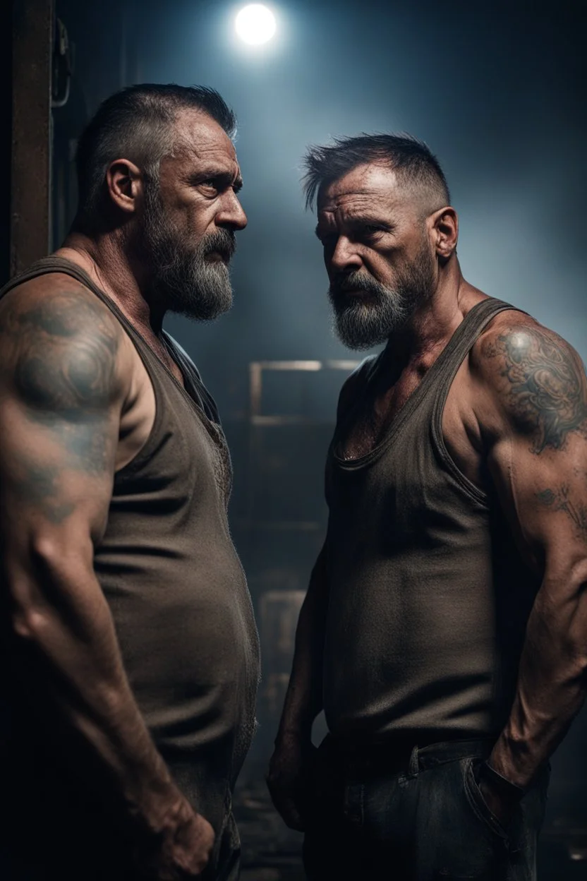 cinematic close-up portrait of two rugged construction workers embracing, bearded, muscular, slightly chubby, dirty tank tops and tattoos, weathered 44-year-old faces, realistic skin texture, outside an abandoned warehouse at night, moonlight reflecting on metal surfaces, soft volumetric fog and dramatic shadows, dark industrial atmosphere, deep colors, high contrast lighting, photorealistic cinematic frame