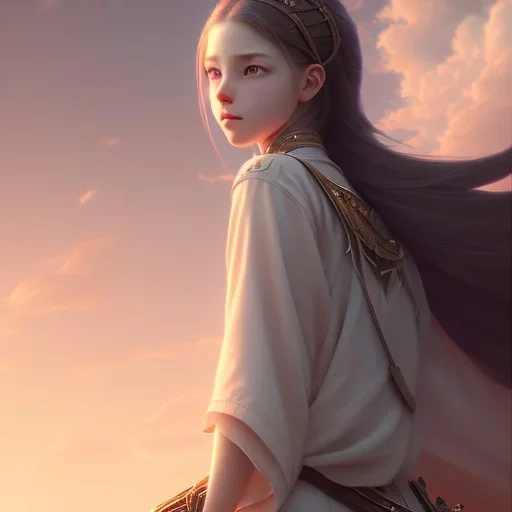 a girl looking to the sky, cinematic lighting, dramatic atmosphere, studio lighting delicate features finely detailed perfect art, at an ancient city, gapmoe yandere grimdark, trending on pixiv fanbox, painted by greg rutkowski makoto shinkai takashi takeuchi studio ghibli