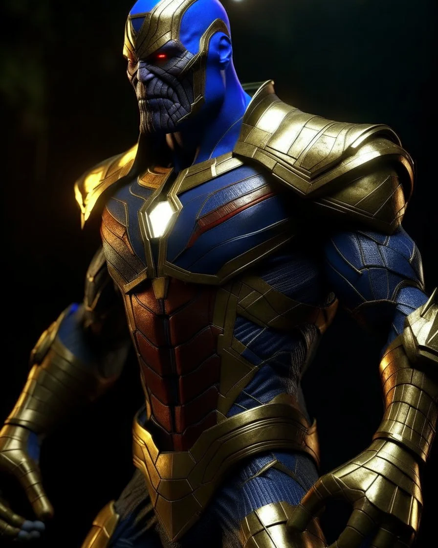 The combination of spider man and Thanos A brave warrior with a battle suit made of leather and robotic metal