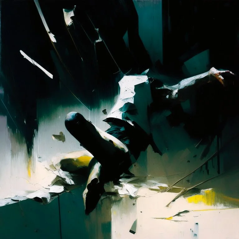 Minimal abstract oil paintings falling person limbs sinew close up and concrete fragments illuminated at night style of Justin Mortimer and Phil Hale