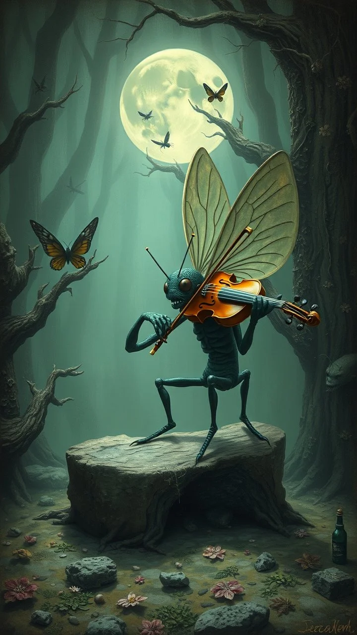 Hieronymus Bosch style nightmares ,praying mints insect playing the violin