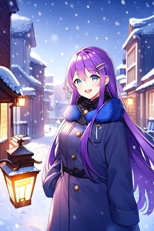 girl, masterpiece, best quality, cinematic lighting, detailed outfit, vibrant colors, perfect eyes, purple hair, long hair, blue eyes, snowing, outdoors, winter outfit, hairclip, depth of field, laughing, town, street, lantern,