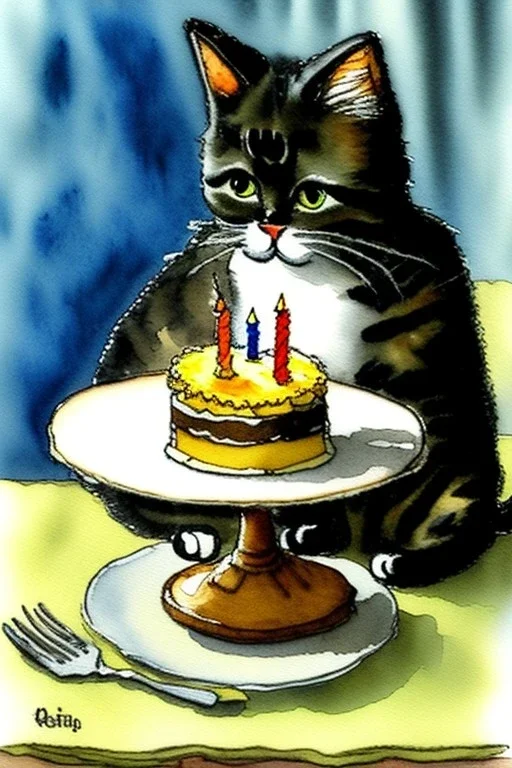 A cute cat is having a birthday cake. Watercolour