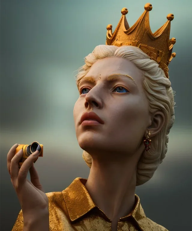 Statue of Queen of photography. Cute blonde woman. Photographer in golden crown. Standing on the street. Big camera in her hand. hyperdetailed, photorealistic, trending on artstation, greg rutkowski, beksinski, kodachrome, bokeh, red and gold