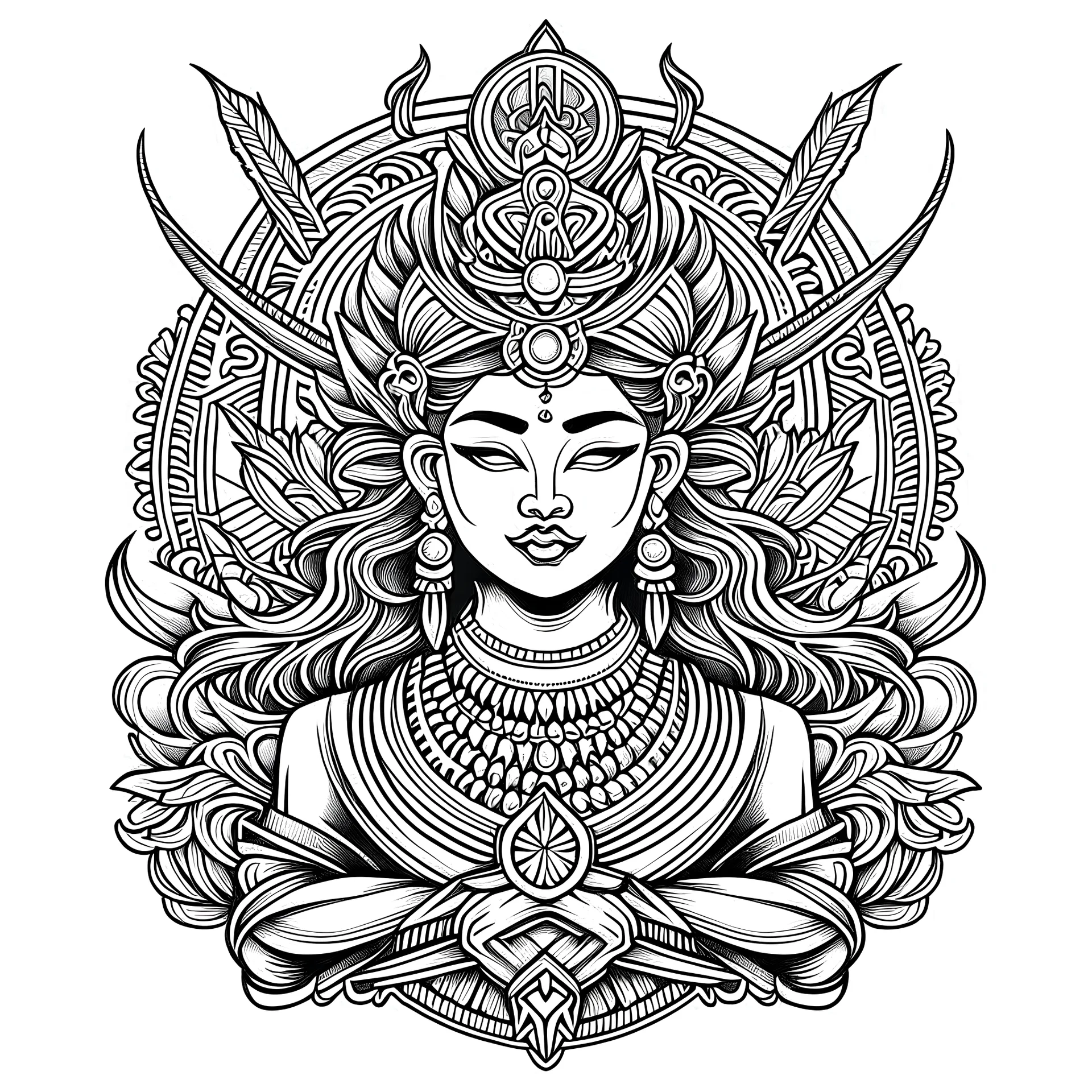 neo traditional bali women god tattos , white background, vector outline, black and white color. Only outline