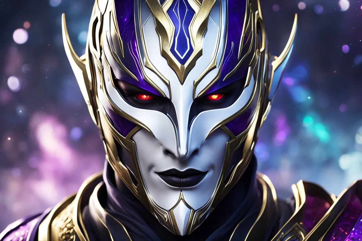 Jhin in 8k live action artstyle, cosmic mask, close picture, intricate details, highly detailed, high details, detailed portrait, masterpiece,ultra detailed, ultra quality