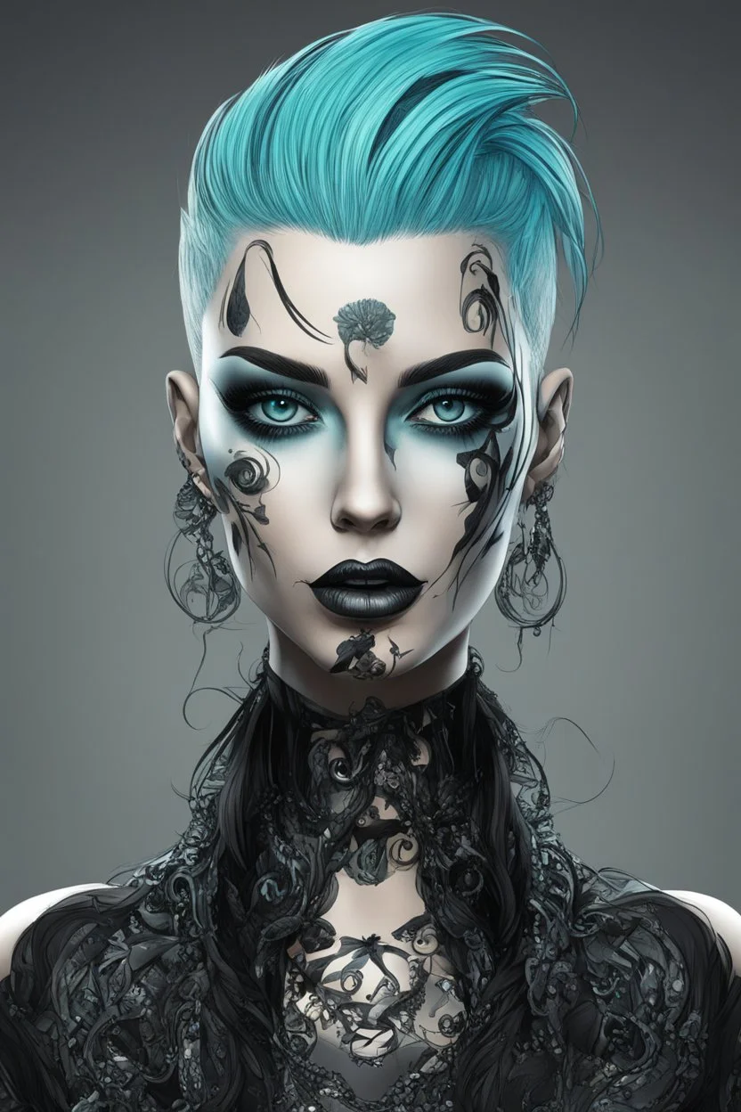 Create a wild, imaginative, goth punk girl with highly detailed facial features, in the vector graphic style of Nirak1,Christopher Lee, and Cristiano Siqueira, vibrant colors, 3d vector