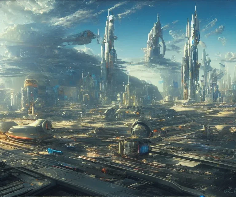 Art by John berkey, Spaceport on a heavy industrialized planet with a futuristic city in the background and a docked spaceship in the foreground, retrofuturistic, buildings with glass facades, insanely detailed, vibrant, 8k uhd, cinematic atmosphere, ultra-wide angle, street level view, brush strokes, blue sky with clouds, sharp focus