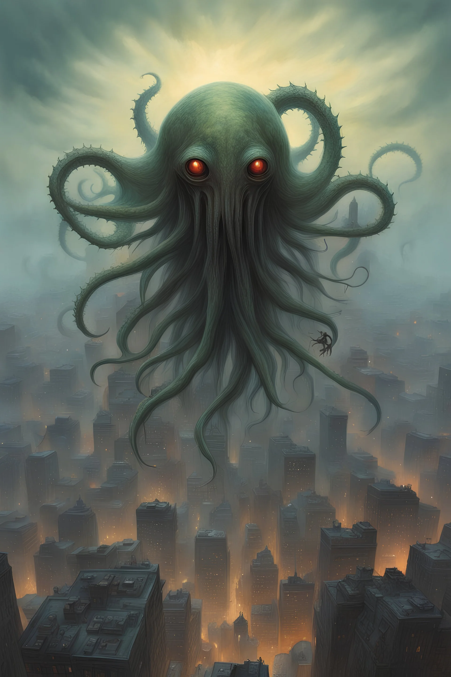 Eldritch tentacled creature hovering above city, highly detailed,in the style of Zvidslav Beksinski