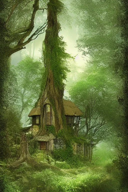 Cottage overgrown with ancient trees, high-fantasy, digital art.