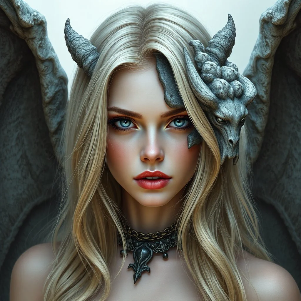 a portrait of an attractive blonde fantasy woman whose face is half human and half stone gargoyle