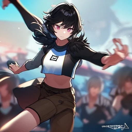 Clear focus,High resolution, Black short fluffy hair, long bangs, and pink eyes, Depressed girl, wearing a crop top sleevless, brown raggidy shorts, short black fingerless gloves, Concept art, Kicking pose, black long boots, fighting pose, Extreme Close up comic